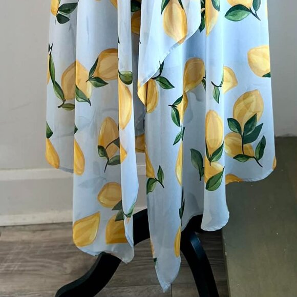 Melanie Lyne Icy Blue Lemon Print Asymmetrical Overlay Chiffon Maxi Dress – US 2 - Picture 3 of 15